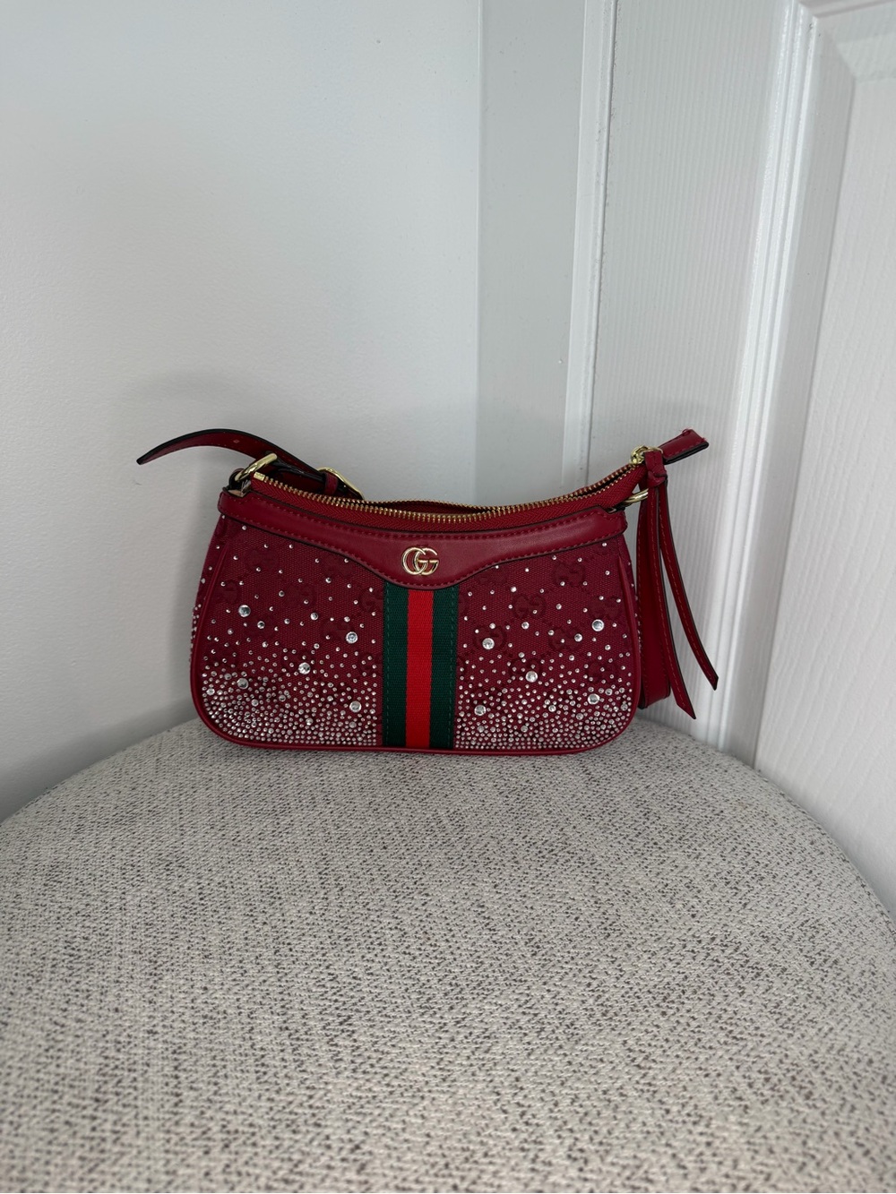 Gucci Red Crystal-Embellished Mini Shoulder Bag with Green-Red Stripe